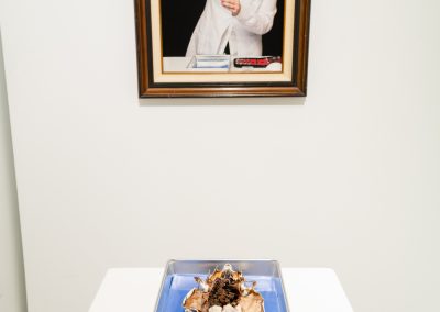 Self-portrait photography and specimen display from Sarah Stankey's Master of Fine Arts exhibition Cache at the Art Lofts Gallery, University of Wisconsin-Madison. Photography by Kyle Herrera.