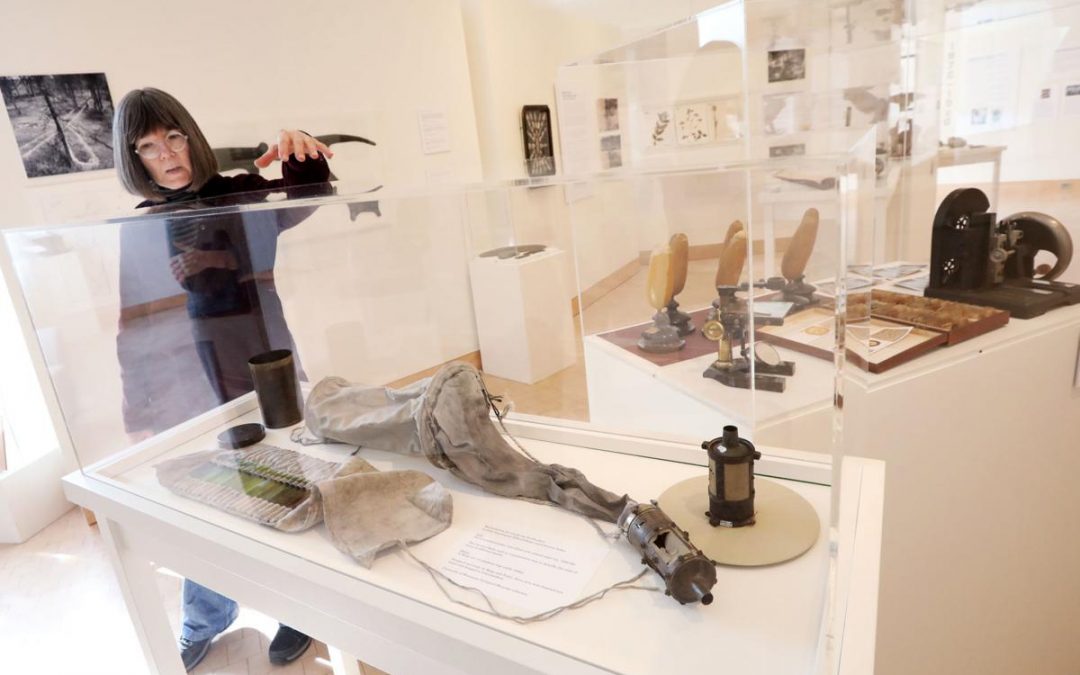 Martha Glowacki [MFA '78] helped curate an exhibit for Overture Center's James Watrous Gallery for the 150th anniversary of the Wisconsin Academy of Sciences, Arts & Letters. This display case features glass vials and plankton traps used by noted limnologists Edward Birge and Chancey Juday, who founded what is now the UW-Madison Center for Limnology.