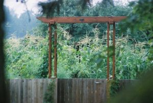 A photo of a garden and gate.